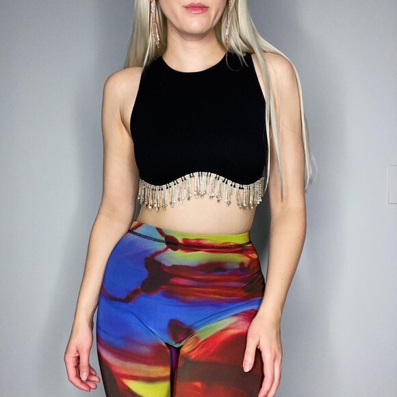Tops - Rhinestone Fringe Crop Tank